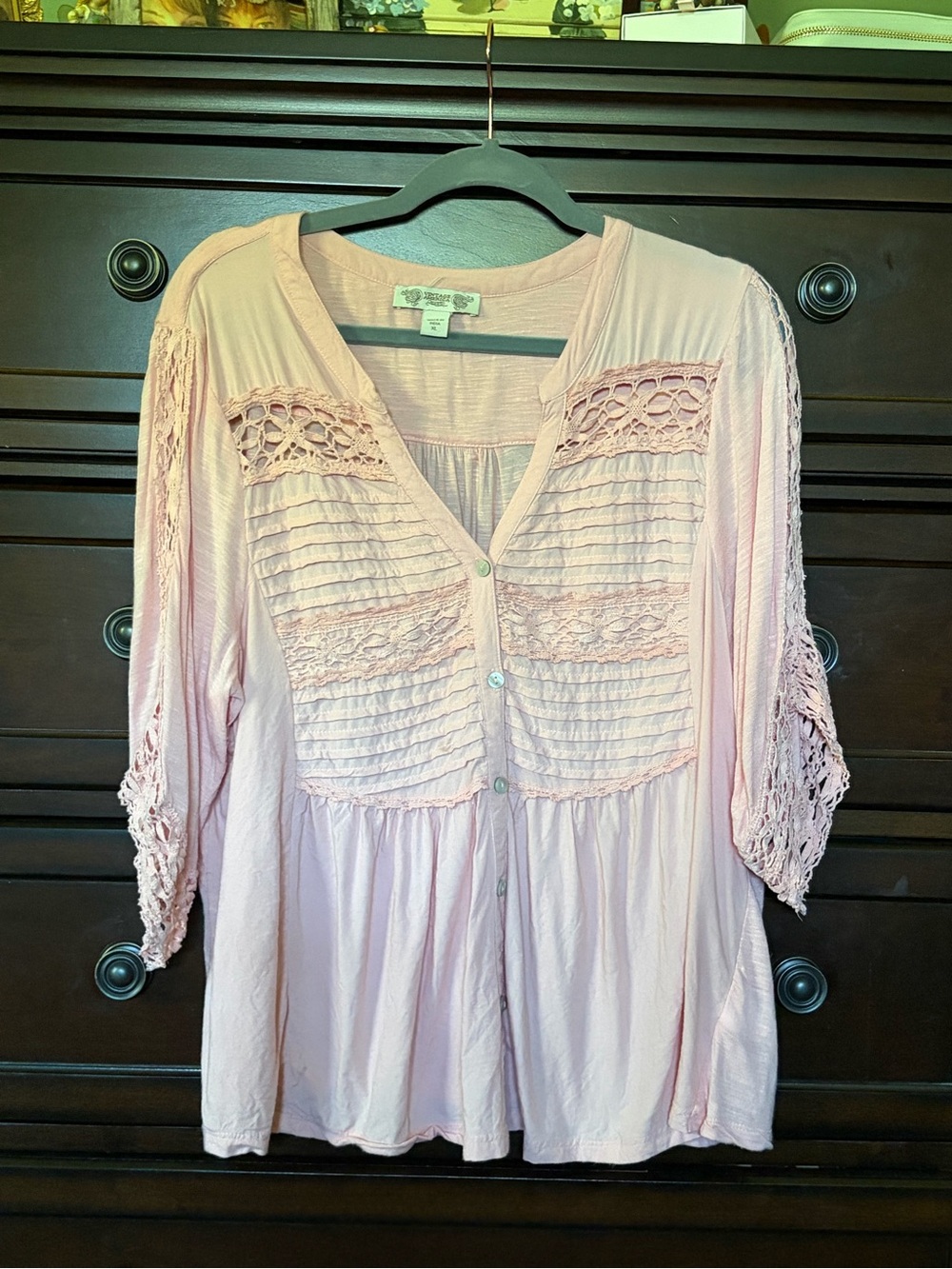 Vintage America Peach Crochet-Trim Button-Front Blouse